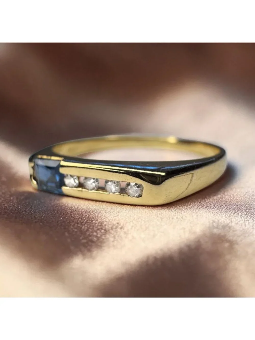 14K Gold Natural Blue Sapphire & Diamond Ring Channel Set Stacking Band Size 6